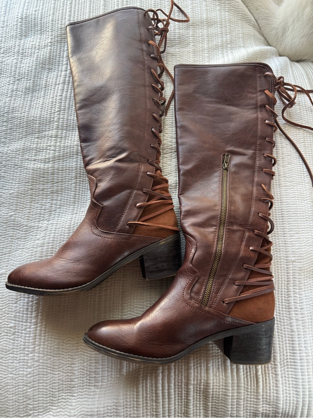 Cato Brown Lace-Up Knee Boots with Side Zip